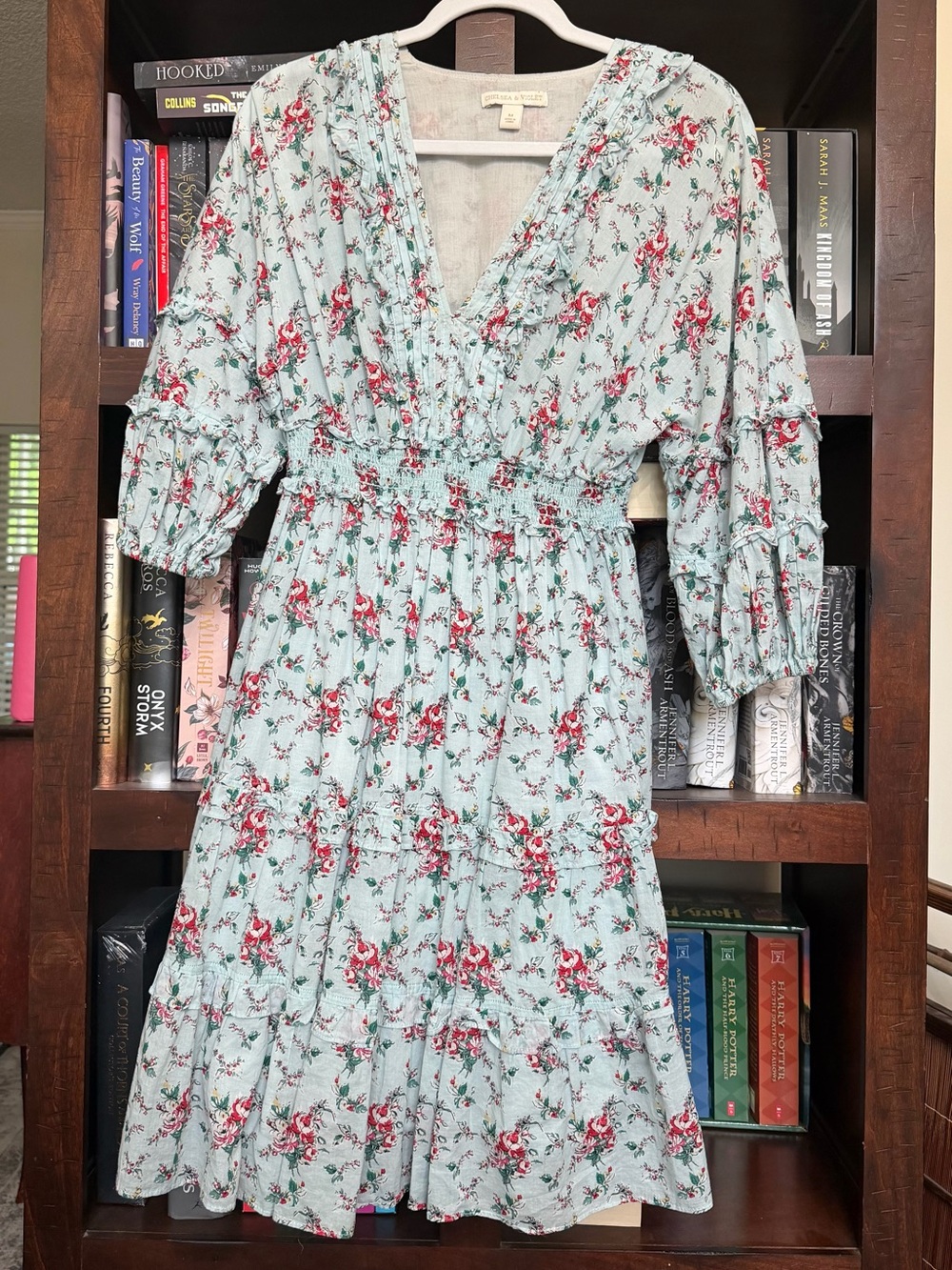 Chelsea & Violet Light Blue Floral Tiered V-Neck Midi Dress